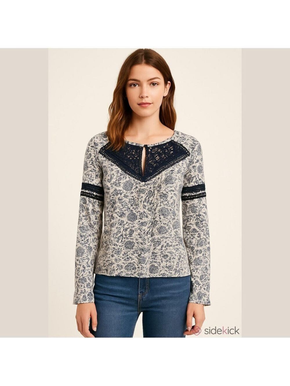 SUNDANCE Navy and Cream Floral Lace Yoke Long Sleeve Top